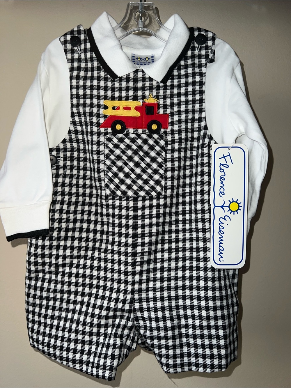 Florence Eiseman Black & White Gingham Shortall with Firetruck Applique